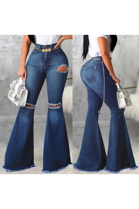Ripped Flare Jeans for Women Distressed Elastic Waisted Bell Bottom Jeans Butt Lifting Denim Pants with Pocket