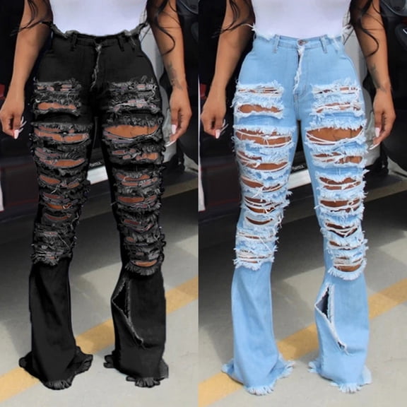 Yourumao Ripped Flare Jeans for Women Distressed Elastic Waisted Bell Bottom Jeans Streetwear Bootcut Denim Pants with Pocket