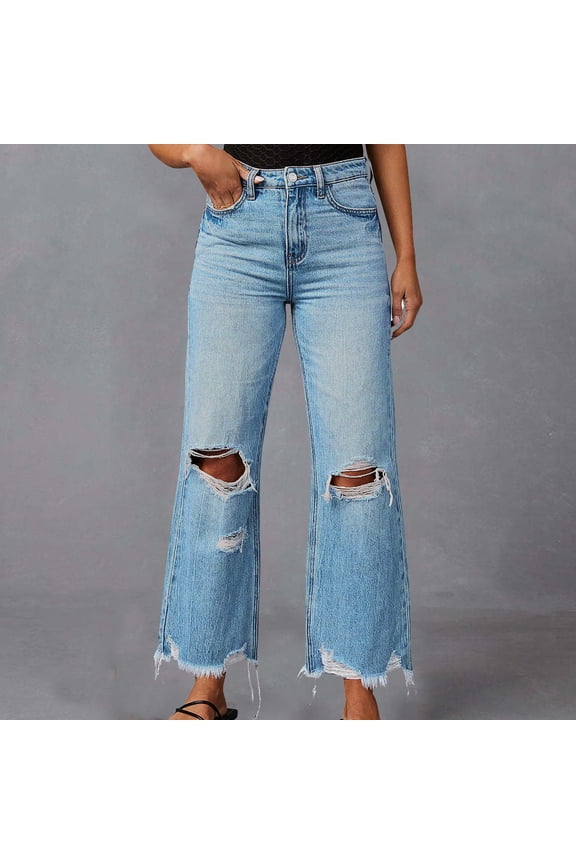 Ripped Jeans for Women High Waist Wide Leg Cropped Jeans Distressed Wash Denim Pants for Summer Travel with Pocket