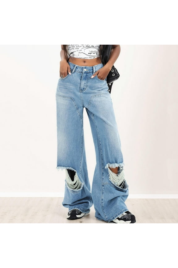 Ripped Jeans for Women Wash Elastic Waisted Wide Leg Jeans Baggy Distressed Denim Pants Streetwear Jeans with Pocket