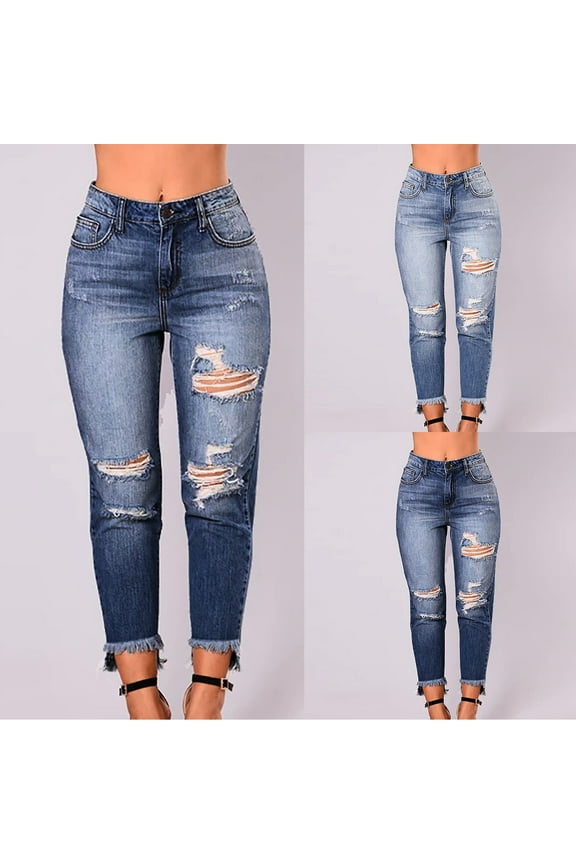 Ripped Jeggings for Women Cropped High Elastic Waisted Jean Leggings Distressed Streetwear Denim Pants with Pocket