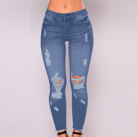Yourumao Ripped Jeggings for Women Skinny Cropped Elastic Waisted Jeans Distressed Butt Lifting Jean Leggings with Pocket