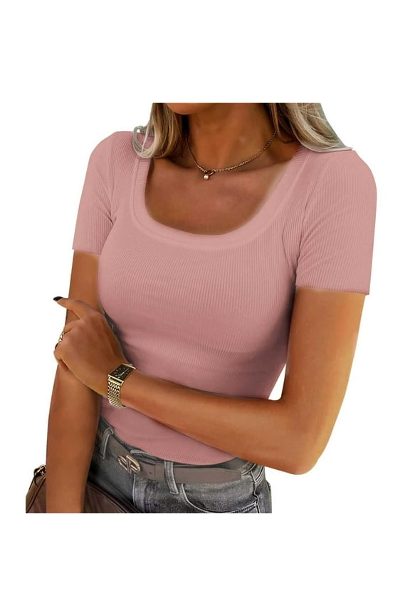Robbed Tops for Women Fitted Square Neck Shirts Casual Short Sleeve Blouses Basic Soild Color Top Summer Trendy T Shirt