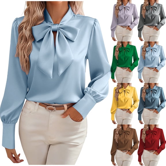 Yourumao Satin Blouses for Women Bow Tie V Neck Shirts Dressy Casual Long Sleeve Tops Comfy Solid Color Tshirts Elegant Office Work Tees