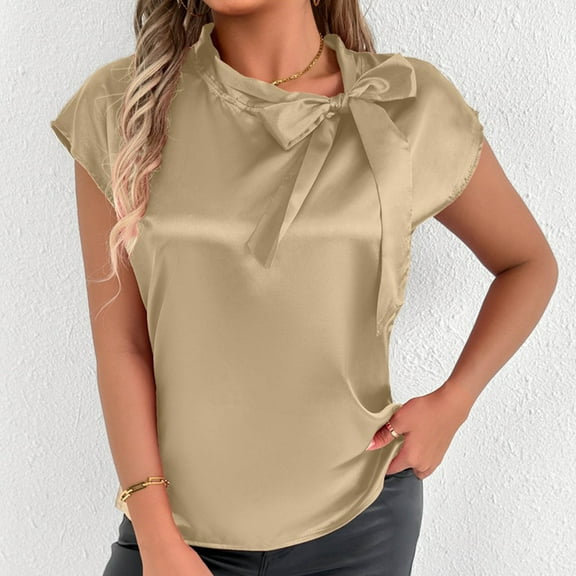Yourumao Satin Blouses for Women Mock Neck Tops with Bow Tie Stylish Silk Short Sleeve Shirts Dressy Solid Color Blouses Summer Business T-Shirts