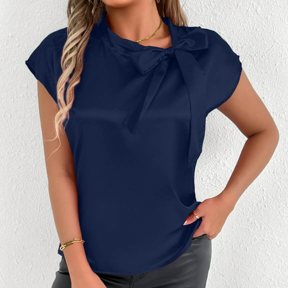 Yourumao Satin Blouses for Women Mock Neck Tops with Bow Tie Stylish Silk Short Sleeve Shirts Dressy Solid Color Blouses Summer Business T-Shirts