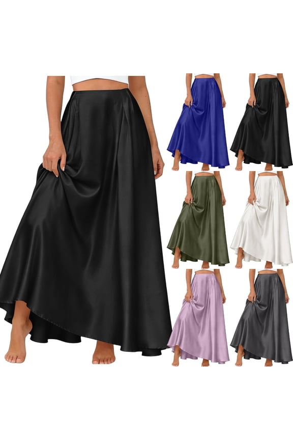 Satin Maxi Skirts for Women Silk Elastic High Waisted Long Skirt Smooth Flowy Solid Summer Skirts for Evening Party with Pocket