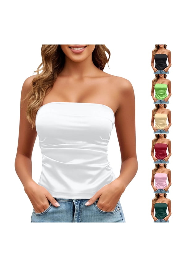 Satin Tube Tops for Women Ruched Smooth Strapless Tops Silk Solid Backless Tanks Sleeveless Slim Fit Shirts for Summer Weekend Outdoor