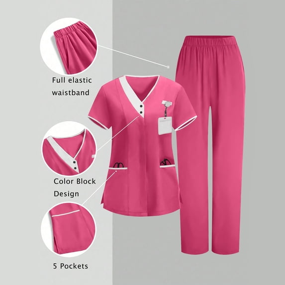Yourumao Scrubs Sets for Women 2 Piece Classic V Neck Short Sleeve Scurb Tops and Straight Leg Pants Nursing Uniform with Pocket