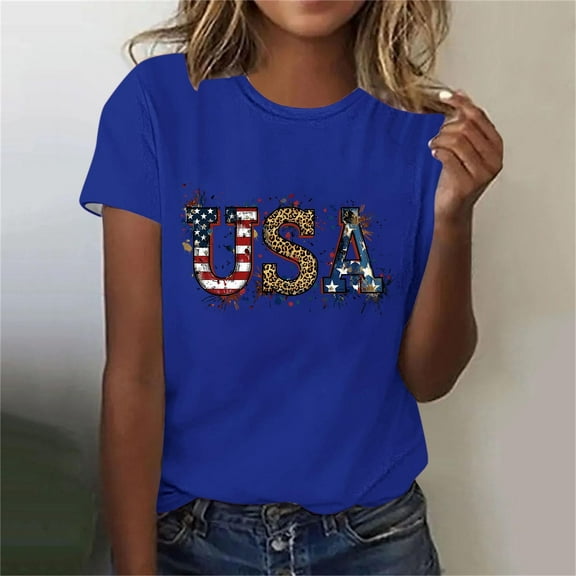 Yourumao Short Sleeve Shirts for Women Casaul Independence Day Tops Round Neck Tees Comfy Short Sleeve Blouses Summer Going Out Tshirts