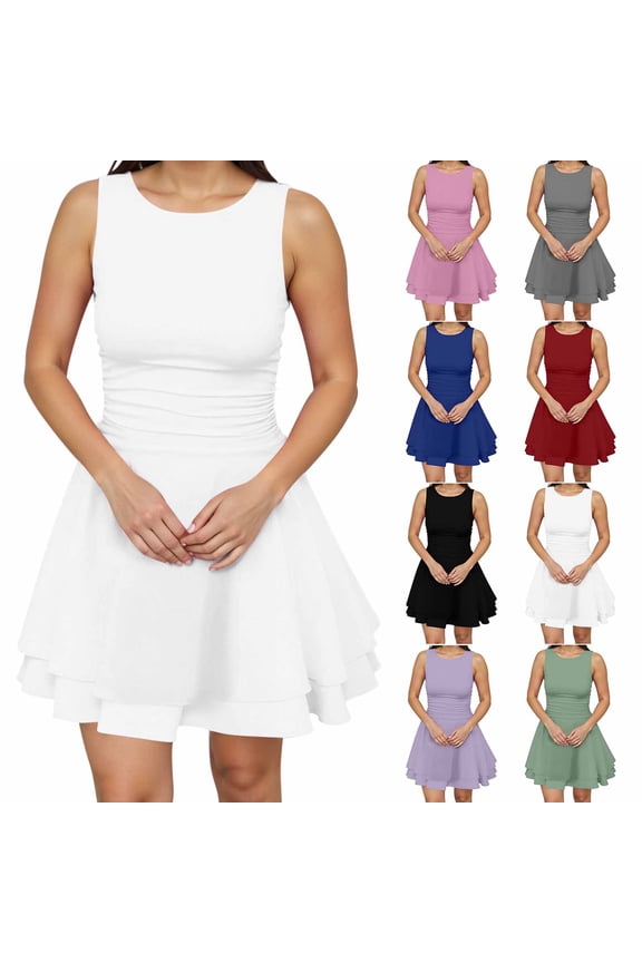 Skater Dress for Women Sleeveless Crewneck Mini Dresses Ruched Layered Ruffle Hem A-line Summer Dress for Weekend Party