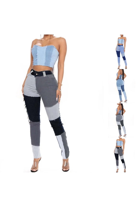 Skinny Jeans for Women Color Block High Waisted Jeggings Fashion Jean Leggings Streetwear Jean Trousers with Pocket