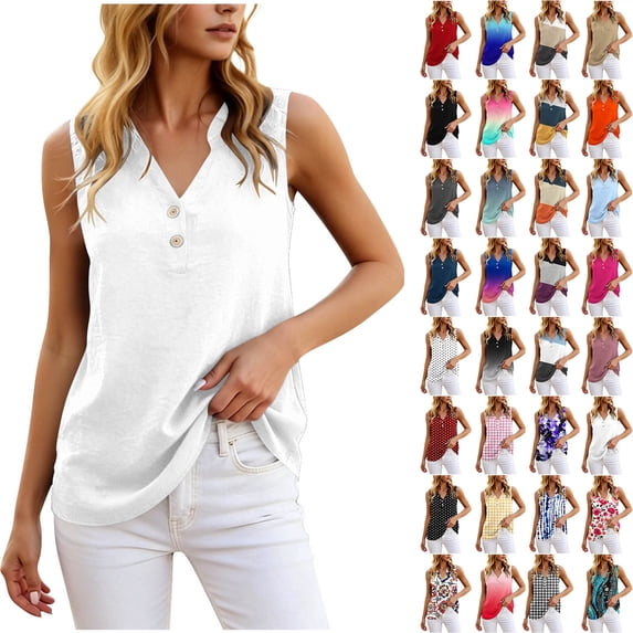 Yourumao Sleeveless Henley Shirts for Women Button Up Tank Tops Sleeveless Solid Casual Tshirts Summer Going Out Tanks