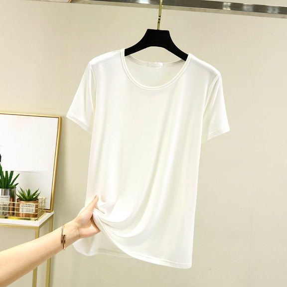 Yourumao Soft Pajamas for Women Comfy Loose Round Neck Shirts Daily Lightweight Short Sleeve Blouses Basic Solid Color Tees Summer Classic Top