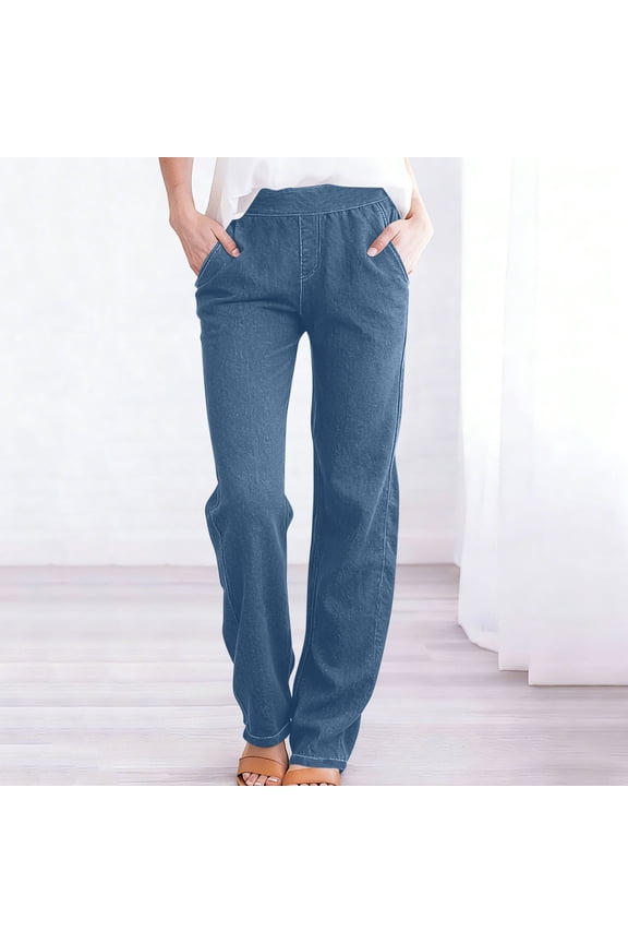 Straight Leg Jeans for Women Elastic Waisted Jeans Stretchy Wide Leg Denim Pants Classic Jean Trousers with Pockets