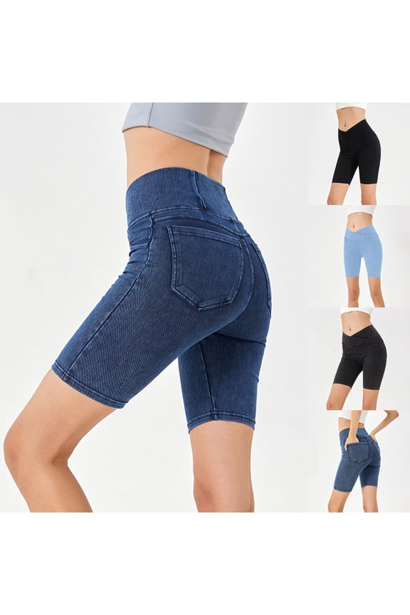 Stretchy Jean Shorts for Women High Waisted Crossover Pull On Jorts Booty Lifting Denim Shorts Summer Yoga Shorts