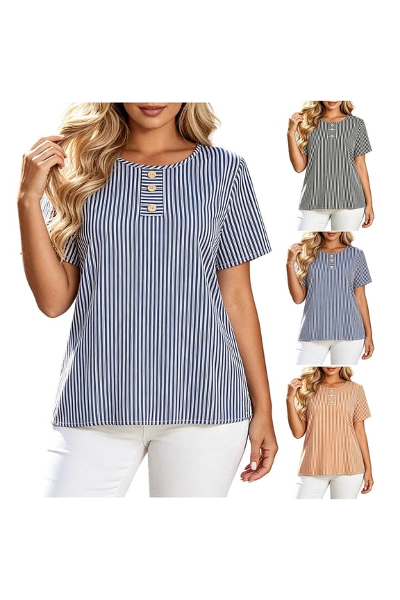 Striped Plus Size Tops for Women Crewneck Short Sleeve Top with Button Loose Summer Casual Blouses for Going Out