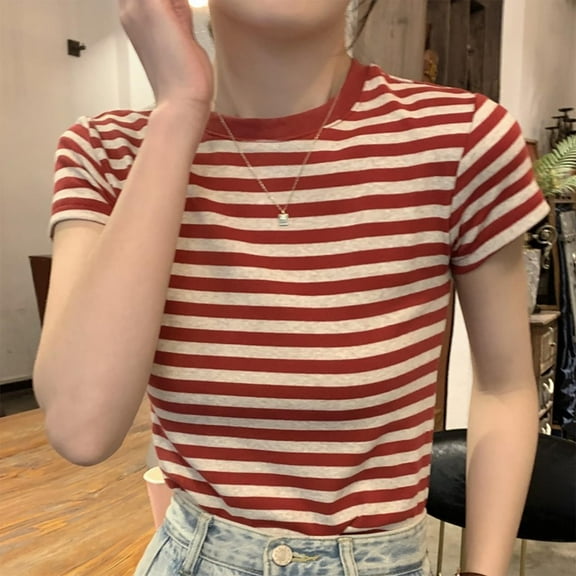 Yourumao Striped Tees for Women Fitted Casual Round Neck Shirts Slim Fashion Short Sleeve Blouses Summer Soft Top Daily Going Out T-Shirt