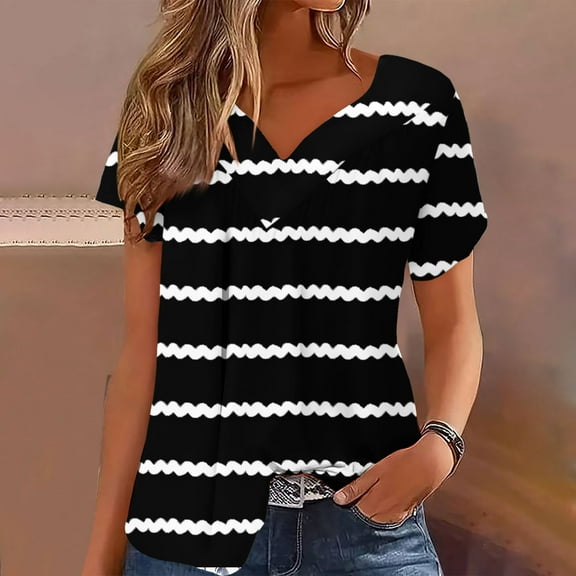 Yourumao Striped Tops for Women Dressy Comfy lapel V Neck Shirts Casaul Cute short Sleeve Blouses Soft Loose Top Summer Beachwear Shirt