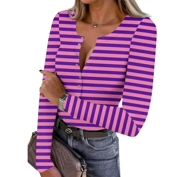 Yourumao Striped Tops for Women Ribbed Half Button Henley Shirts Stretch Long Sleeve Blouses Classic Going Out T-shirts