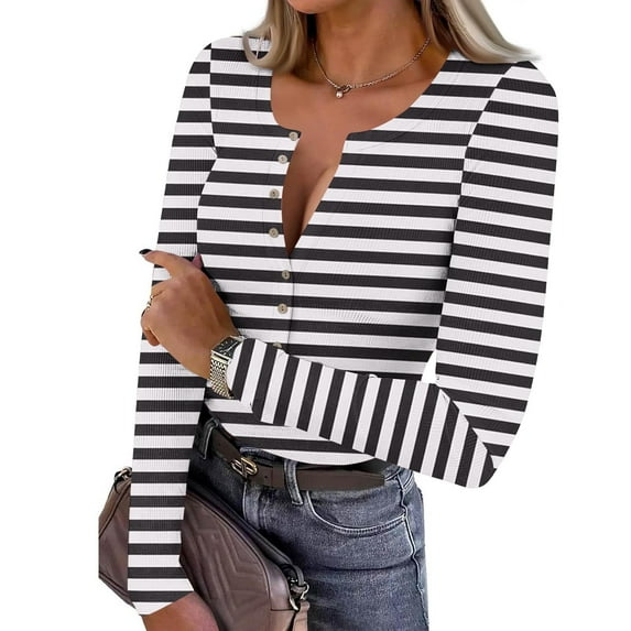 Yourumao Striped Tops for Women Ribbed Half Button Henley Shirts Stretch Long Sleeve Blouses Classic Going Out T-shirts
