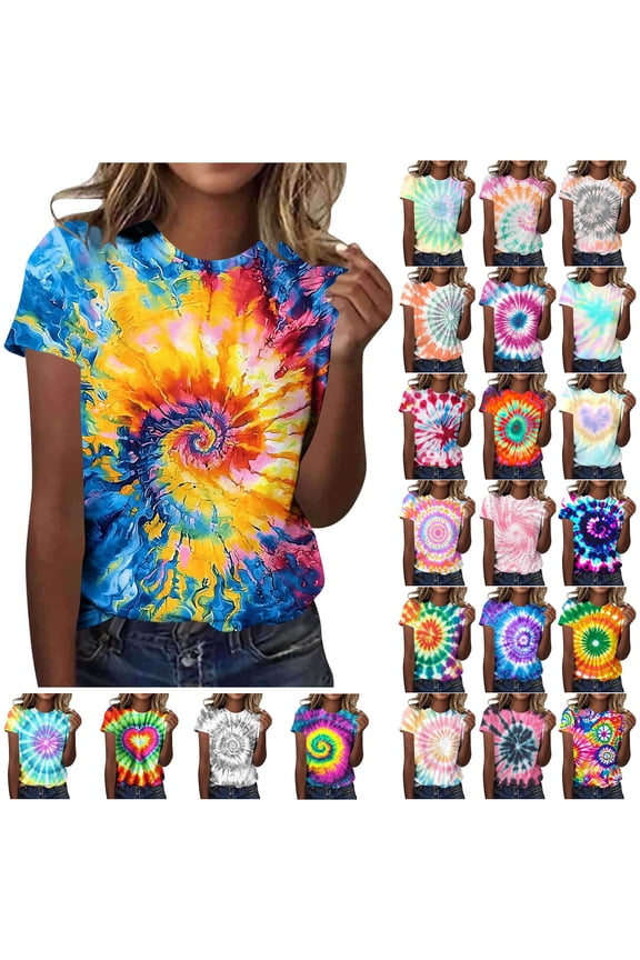 Tie Dye Shirts for Women Vintage Tie-Dye Short Sleeve Tops Crewneck Loose Fit Tshirts Summer Graphic Tees for Vacation
