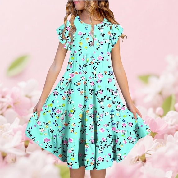 Yourumao Tiered Midi Dress Girl 4-15 Years Floral Cap Sleeve Summer Dress A-Line Swing Round Neck Cute Dresses Garden Party Clothes