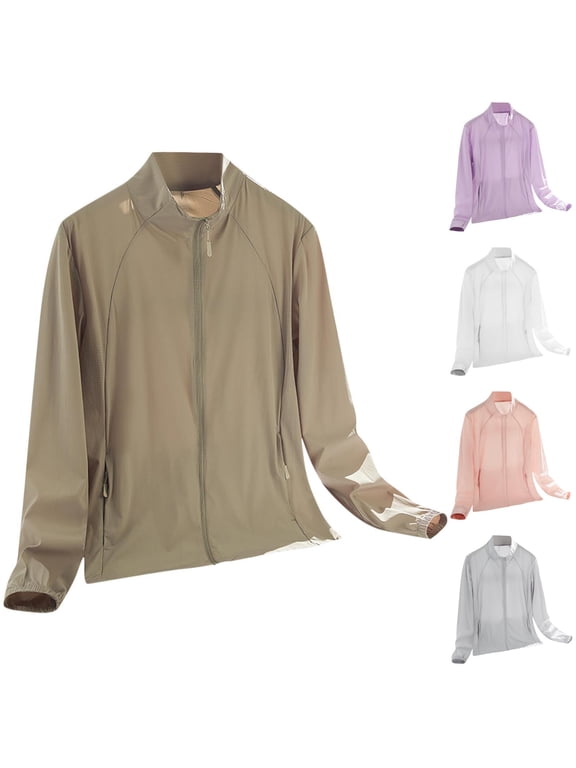 UPF50+ Ice Silk Jackets for Women Long Sleeve Zip Up Sun Shirts Stand Collar Solid Lightweight Jackets for Summer Hiking