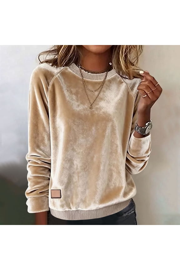Velvet Pullover for Women Dressy Casual Round Neck Shirts Soft Solid Long Sleeve Sweaters Trendy Outgoing Tshirts