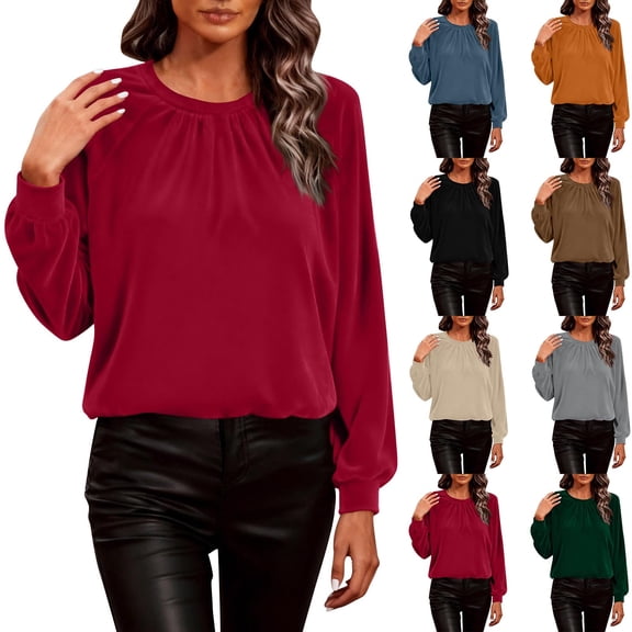 Yourumao Velvet Tops for Women Pleated Crewneck Shirts Dressy Casual Long Sleeve Comfy Solid Color Tees Spring Business Work Tshirts