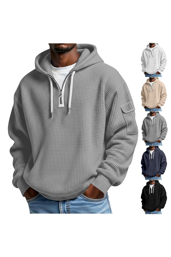 Waffle Hoddies for Men Quarter Zip Long Sleeve Pullover Drawstring Hooded Sweatshirts with Pocket Spring Casual Tops Big and Tall Top