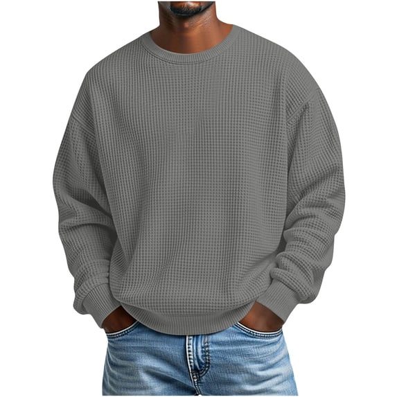 Yourumao Waffle Knit Tops for Men Solid Casual Round Neck Long Sleeve Pullover Loose Comfy Blouses Basic Going Out Tshirts