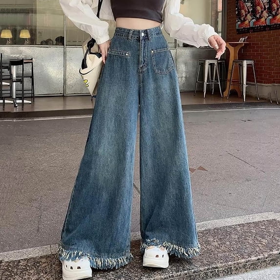 Yourumao Wide Leg Jeans for Women Wash High Elastic Waisted Jeans Tassel Hem Denim Pants Summer Baggy Jeans with Pocket