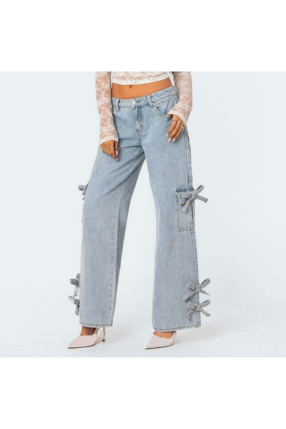 Wide Leg Jeans for Women Wash Mid Rise Denim Pants Bow-Tie Straight Leg Jeans Loose Jean Trousers with Pocket