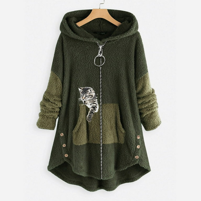 Yourumao Winter Sherpa Fleece Coat for Women Cute Cat Graphic Plush Warm Hooded Jacket Casual Zipper Long Sleeve Sweatshirt Coat with Pockets Walmart