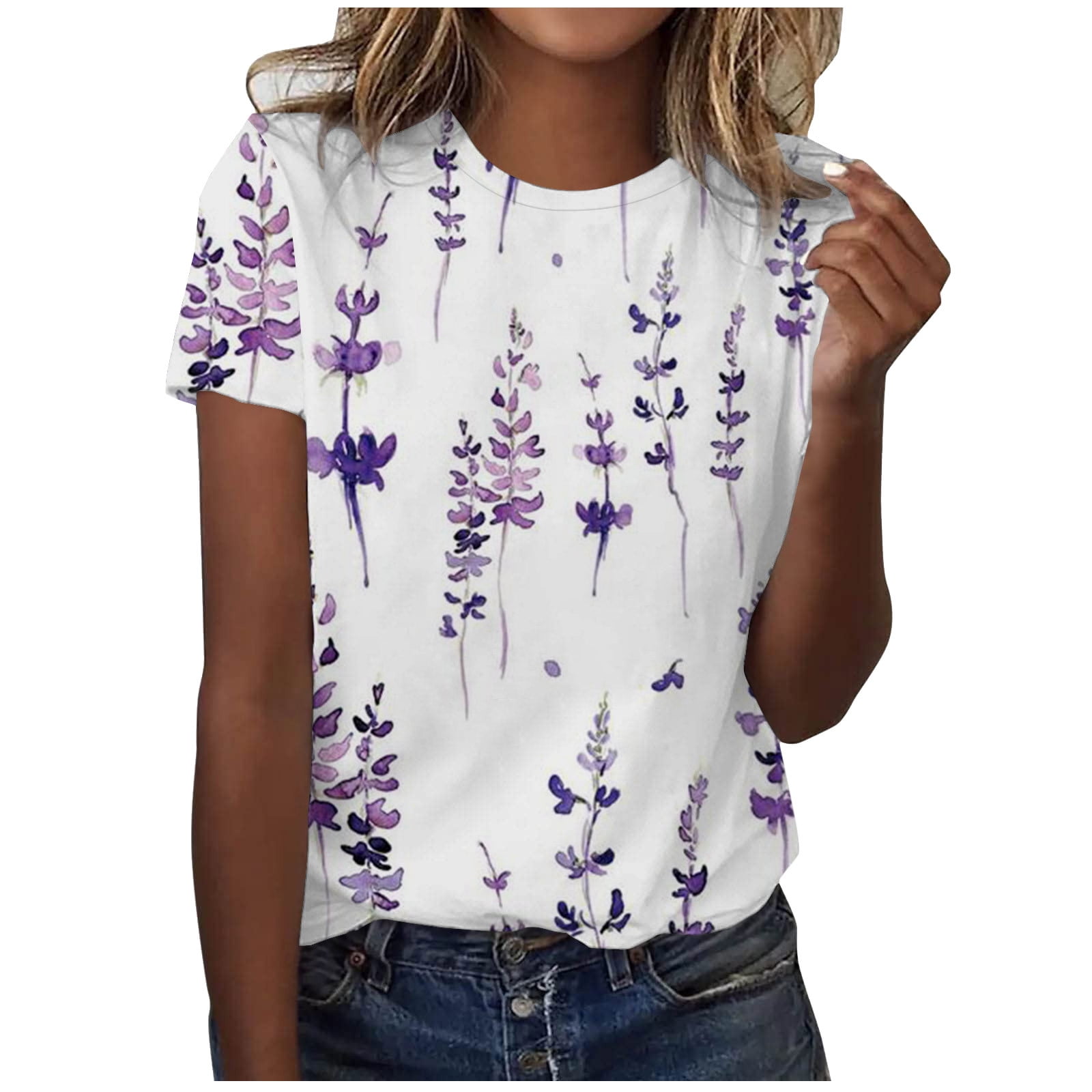 Yourumao Women Clearance Tops Lavender Flower Graphic Relaxed Fit ...