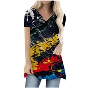 Yourumao Women Clearance TopsCasual Shirts for Womens Short Sleeve Color Block Painting Hippy Victorian Blouses Tshirts Ladies Regular Fit