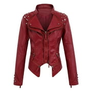 Yourumao Fall Clearance Fall Faux Leather Jackets for Women Studded Rivet Lapel Motorcycle Coat Fashion Solid Long Sleeve Moto Biker Blazer Jackets