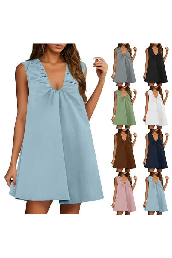 Women Summer Mini Dresses Sleeveless Scoop Neck Tank Dress Pleated Loose Flowy Short Dresses Solid Babydoll Sundress for Cocktail Party
