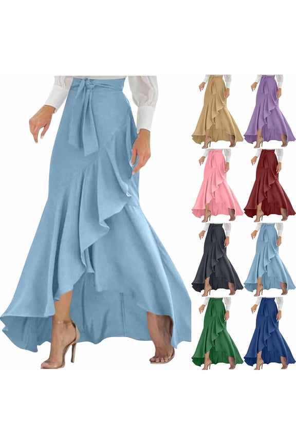 Women Wrap Skirts for Women Drawstring Elastic Waist Ruffle Hem Skirt Solid Flowy A-line High-Low Skirts for Evening Prom
