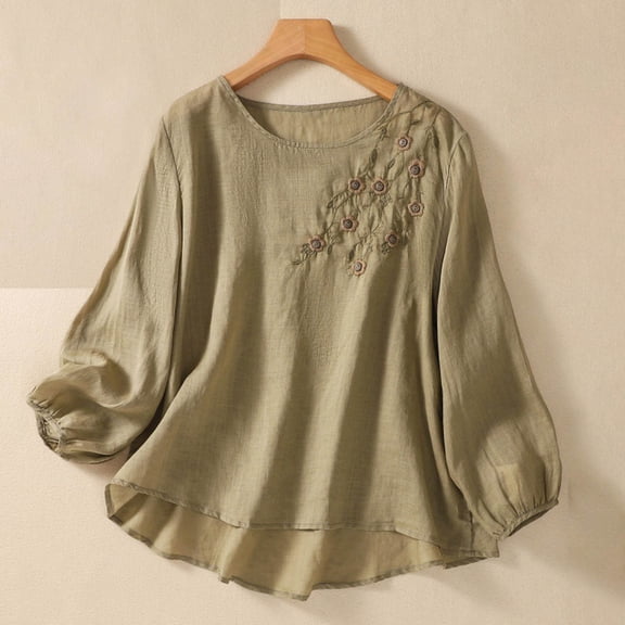 Yourumao Women's Embroidered Blouse Cotton Linen Puff Long Sleeve Crew Neck Peasant Boho Top Casual Loose Button-Down T Shirts