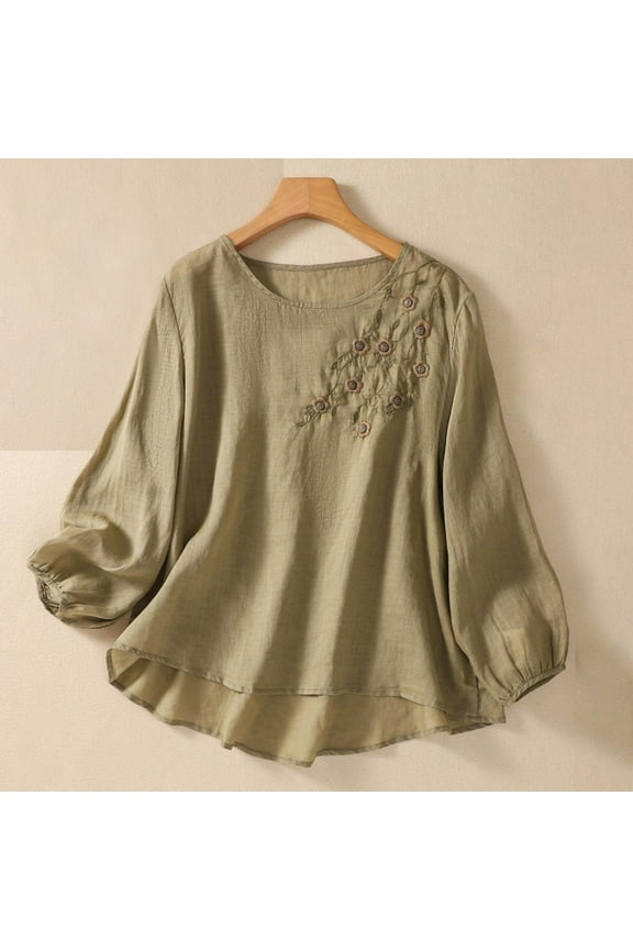 Women's Embroidered Blouse Cotton Linen Puff Long Sleeve Crew Neck Peasant Boho Top Casual Loose Button-Down T Shirts