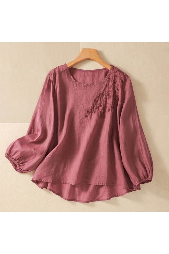 Women's Embroidered Blouse Cotton Linen Puff Long Sleeve Crew Neck Peasant Boho Top Casual Loose Button-Down T Shirts