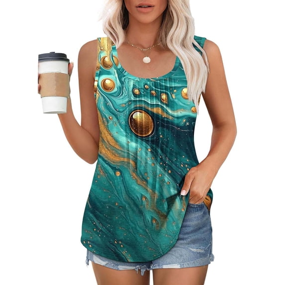 Yourumao Women's Graphic Tanks Loose Pleated Roundneck Sleeveless Blouses Soft Stretch Tunics Plus Size Printed Tees Summer Coffee Run Outfit
