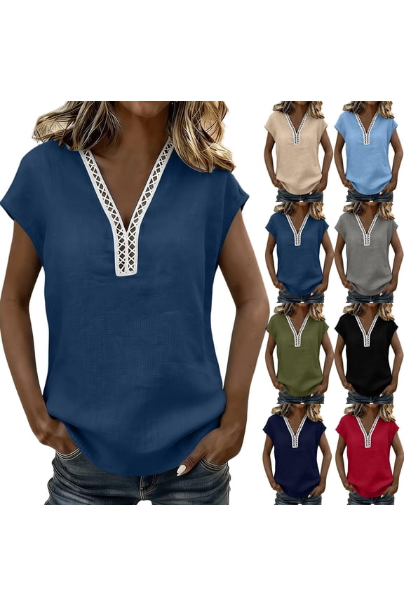Women's Linen Tops Lace Patch V Neck Loose Shirts Cap Sleeve Dressy Casual Tunics Summer Trendy Tshirts for Lounge Vacation
