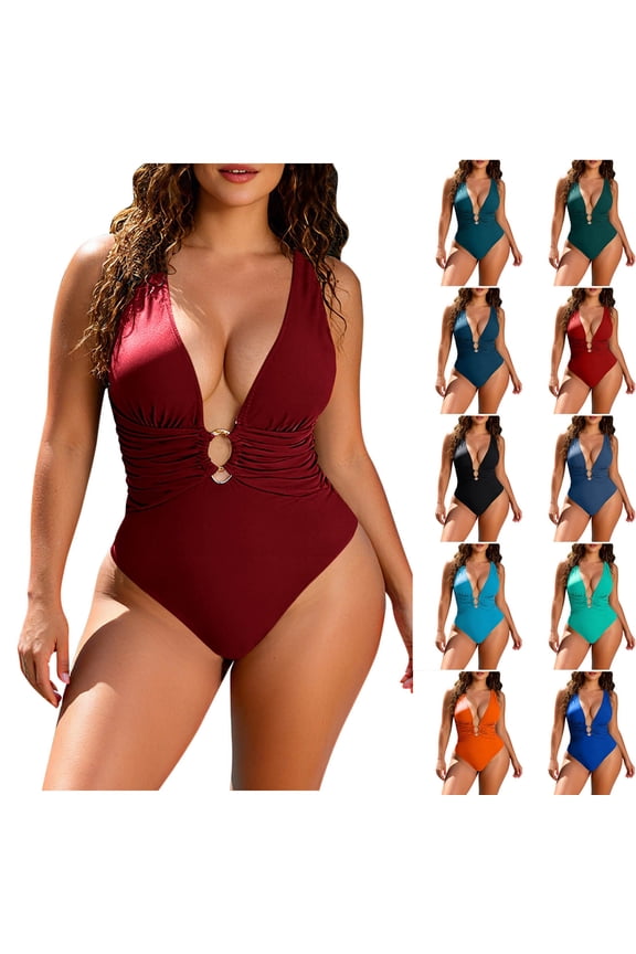 Women's One Piece Swimsuits Tummy Control Cheeky Swimwear Ruched Plunge Backless Bathing Suits for Summer Beach Party