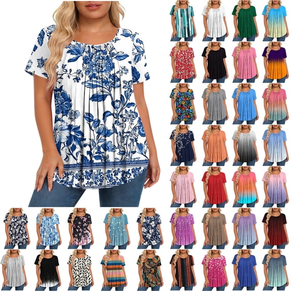 Yourumao Women's Plus Size Tops Crewneck Pleated Front Short Sleeve Blouses Graphic Loose Summer Casual Top for Going Out