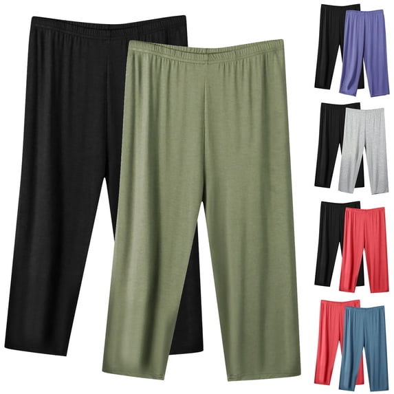 Yourumao Women's Plus Size Two Packs Pajama Capris Comfy Wide Leg Elastic Waist Capri Pants Stretchy Breathable Solid Pajama Pants