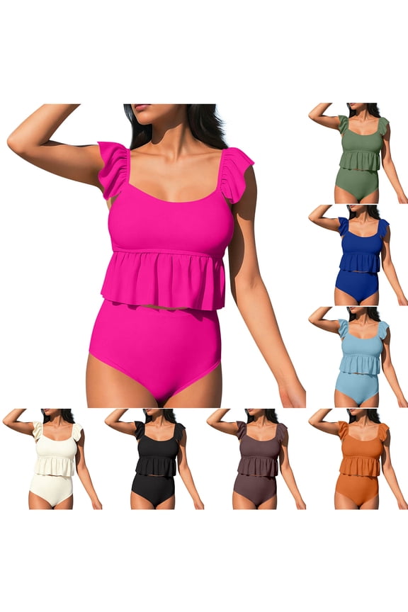 Women's Ruffled Tankini Swimsuits 2 Piece High Waisted Peplum Bathing Suits Swim Tank Tops with Bottoms Summer Swimwears