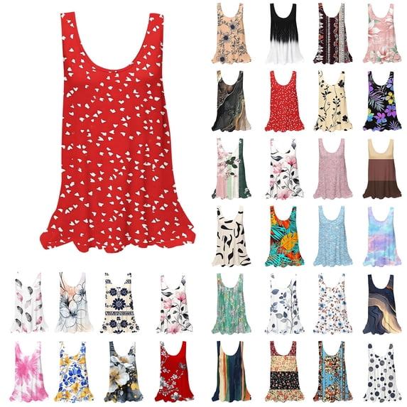 Yourumao Women's Tank Tops Scoop Neck Ruffle Hem Tanks Printed Sleeveless Shirts Flowy Summer Casual Tshirts for Vacation Travel